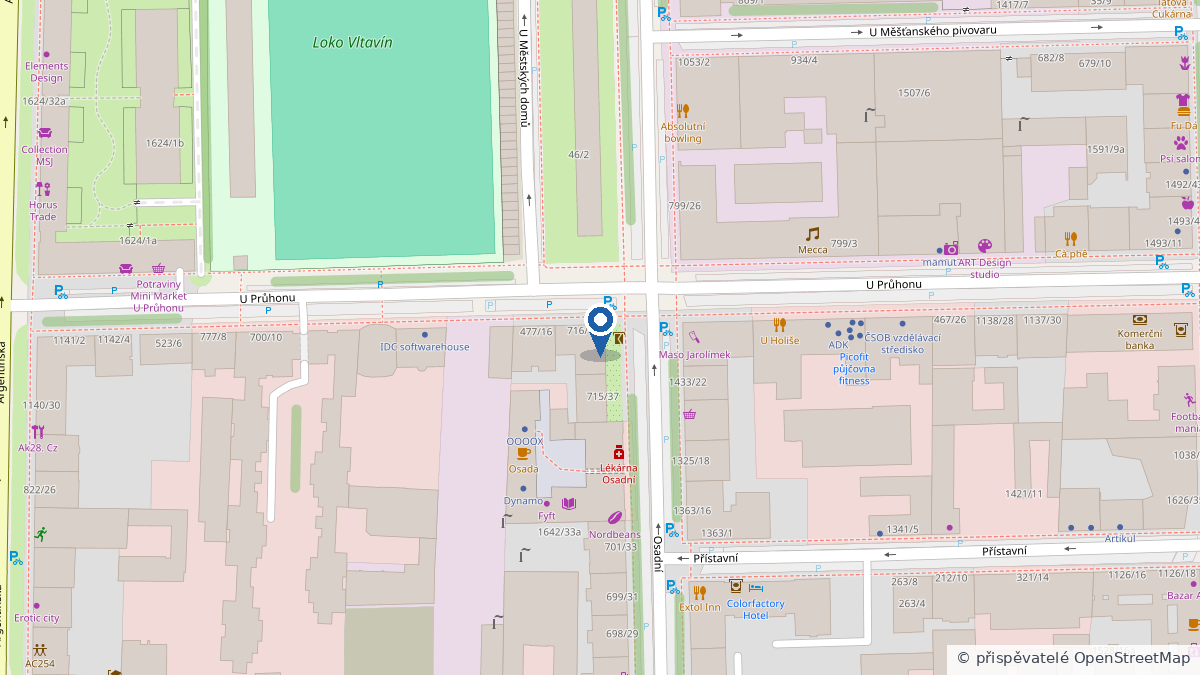 Mapa okolí – Osadní 716/37a, na nároží ulic Osadní a U Průhonu, Praha 7 Holešovice